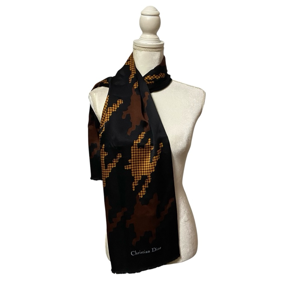 CHRISTIAN DIOR Silk Scarf Printed Pattern Black & Gold Vintage - Picture 14 of 16